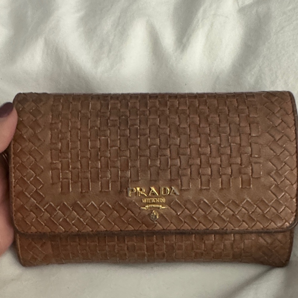 Prada Tan Woven Leather Wallet with Gold Logo
